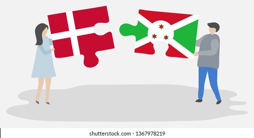 Couple holding two puzzles pieces with Danish and Burundian flags. Denmark and Burundi national symbols together.