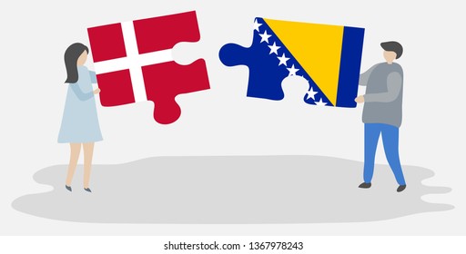 Couple holding two puzzles pieces with Danish and Bosnian flags. Denmark and Bosnia and Herzegovina national symbols together.