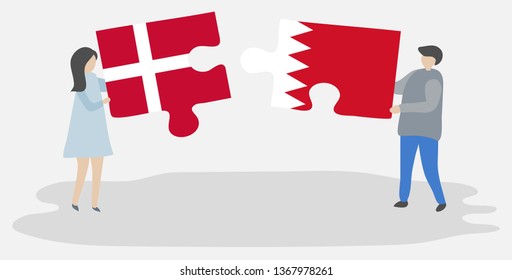 Couple holding two puzzles pieces with Danish and Bahraini flags. Denmark and Bahrain national symbols together.