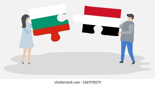 Couple holding two puzzles pieces with Bulgarian and Yemeni flags. Bulgaria and Yemen national symbols together.