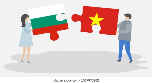 Couple holding two puzzles pieces with Bulgarian and Vietnamese flags. Bulgaria and Vietnam national symbols together.