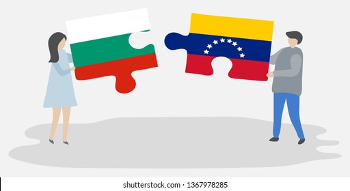 Couple holding two puzzles pieces with Bulgarian and Venezuelan flags. Bulgaria and Venezuela national symbols together.