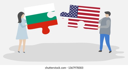 Couple holding two puzzles pieces with Bulgarian and American flags. Bulgaria and United States of America national symbols together.
