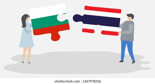 Couple holding two puzzles pieces with Bulgarian and Thai flags. Bulgaria and Thailand national symbols together.
