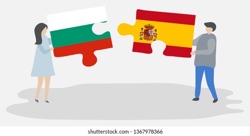 Couple holding two puzzles pieces with Bulgarian and Spanish flags. Bulgaria and Spain national symbols together.