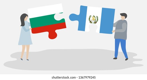Couple holding two puzzles pieces with Bulgarian and Guatemalan flags. Bulgaria and Guatemala national symbols together.