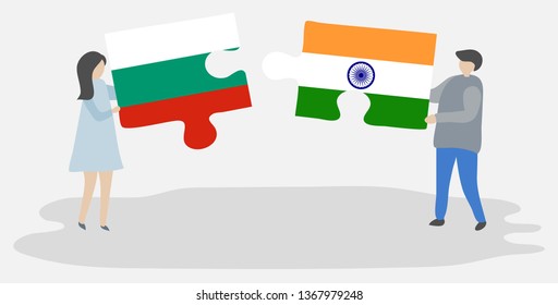 Couple holding two puzzles pieces with Bulgarian and Indian flags. Bulgaria and India national symbols together.