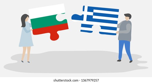 Couple holding two puzzles pieces with Bulgarian and Greek flags. Bulgaria and Greece national symbols together.