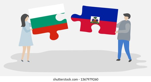 Couple holding two puzzles pieces with Bulgarian and Haitian flags. Bulgaria and Haiti national symbols together.