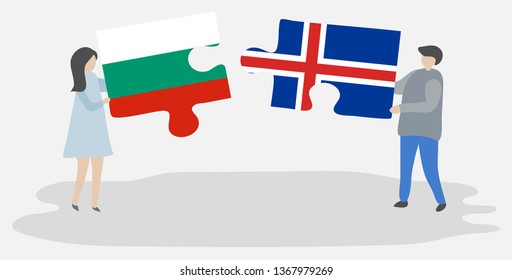 Couple holding two puzzles pieces with Bulgarian and Icelandic flags. Bulgaria and Iceland national symbols together.