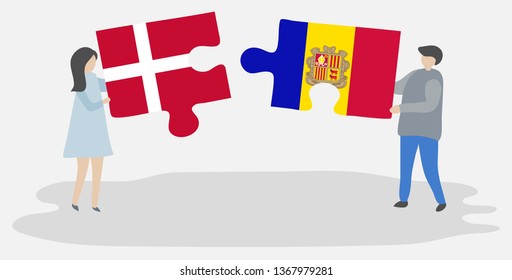 Couple holding two puzzles pieces with Danish and Andorran flags. Denmark and Andorra national symbols together.