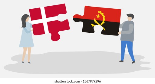 Couple holding two puzzles pieces with Danish and Angolan flags. Denmark and Angola national symbols together.