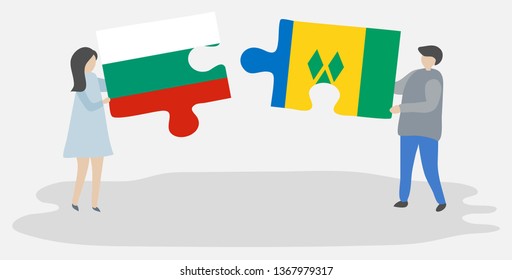 Couple holding two puzzles pieces with Bulgarian and Vincentian flags. Bulgaria and Saint Vincent and the Grenadines national symbols together.