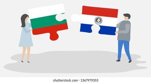 Couple holding two puzzles pieces with Bulgarian and Paraguayan flags. Bulgaria and Paraguay national symbols together.