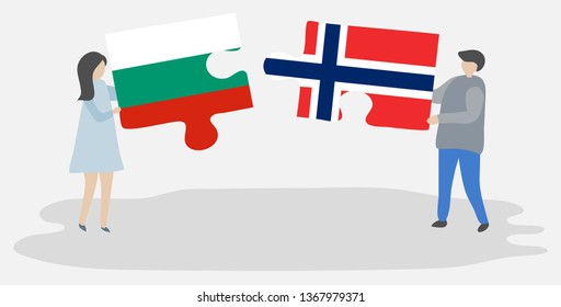 Couple holding two puzzles pieces with Bulgarian and Norwegian flags. Bulgaria and Norway national symbols together.