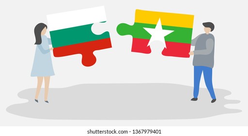 Couple holding two puzzles pieces with Bulgarian and Burmese flags. Bulgaria and Myanmar national symbols together.
