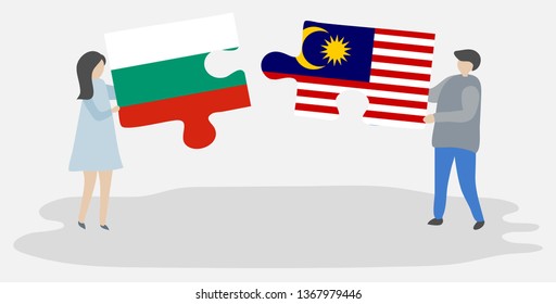 Couple holding two puzzles pieces with Bulgarian and Malaysian flags. Bulgaria and Malaysia national symbols together.