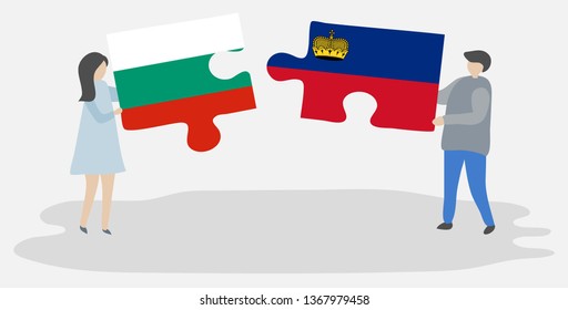 Couple holding two puzzles pieces with Bulgarian and Liechtenstein flags. Bulgaria and Liechtenstein national symbols together.