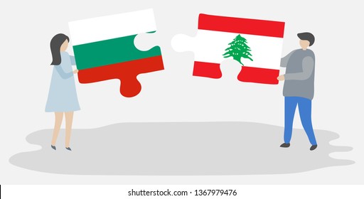 Couple holding two puzzles pieces with Bulgarian and Lebanese flags. Bulgaria and Lebanon national symbols together.