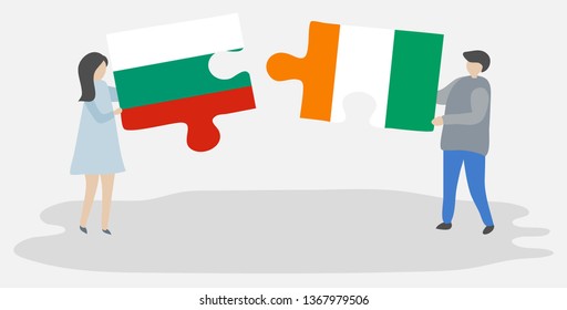 Couple holding two puzzles pieces with Bulgarian and Ivorian flags. Bulgaria and Ivory Coast national symbols together.