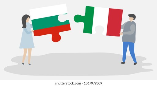 Couple holding two puzzles pieces with Bulgarian and Italian flags. Bulgaria and Italy national symbols together.