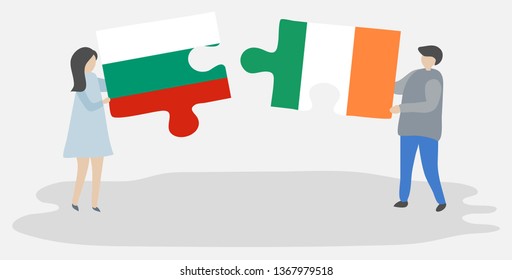 Couple holding two puzzles pieces with Bulgarian and Irish flags. Bulgaria and Ireland national symbols together.