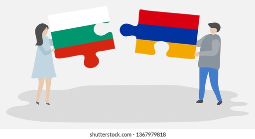 Couple holding two puzzles pieces with Bulgarian and Armenian flags. Bulgaria and Armenia national symbols together.
