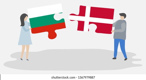 Couple holding two puzzles pieces with Bulgarian and Danish flags. Bulgaria and Denmark national symbols together.