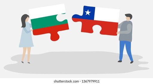 Couple holding two puzzles pieces with Bulgarian and Chilean flags. Bulgaria and Chile national symbols together.