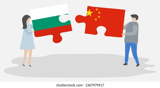 Couple holding two puzzles pieces with Bulgarian and Chinese flags. Bulgaria and China national symbols together.