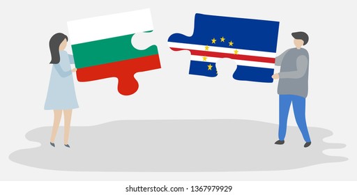 Couple holding two puzzles pieces with Bulgarian and Cabo Verdean flags. Bulgaria and Cape Verde national symbols together.