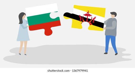 Couple holding two puzzles pieces with Bulgarian and Bruneian flags. Bulgaria and Brunei national symbols together.
