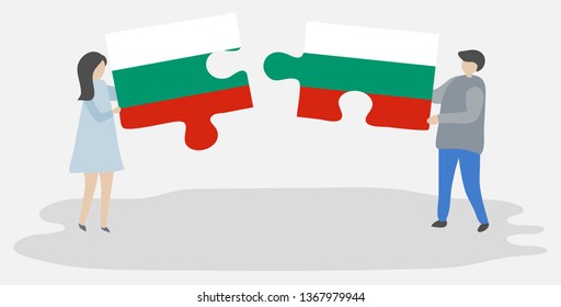 Couple holding two puzzles pieces with Bulgarian and Bulgarian flags. Bulgaria and Bulgaria national symbols together.