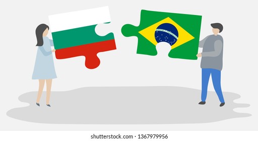 Couple holding two puzzles pieces with Bulgarian and Brazilian flags. Bulgaria and Brazil national symbols together.