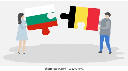 Couple holding two puzzles pieces with Bulgarian and Belgian flags. Bulgaria and Belgium national symbols together.