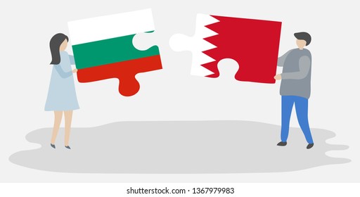 Couple holding two puzzles pieces with Bulgarian and Bahraini flags. Bulgaria and Bahrain national symbols together.