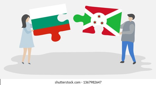 Couple holding two puzzles pieces with Bulgarian and Burundian flags. Bulgaria and Burundi national symbols together.