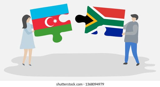 Couple holding two puzzles pieces with Azerbaijani and South African flags. Azerbaijan and South Africa national symbols together.