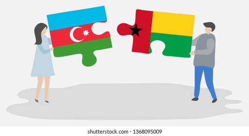 Couple holding two puzzles pieces with Azerbaijani and Bissau-Guinean flags. Azerbaijan and Guinea-Bissau national symbols together.