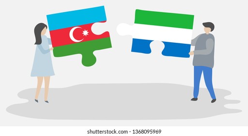 Couple holding two puzzles pieces with Azerbaijani and Sierra Leonean flags. Azerbaijan and Sierra Leone national symbols together.