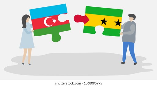 Couple holding two puzzles pieces with Azerbaijani and Sao Tomean flags. Azerbaijan and Sao Tome and Principe national symbols together.