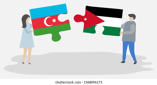 Couple holding two puzzles pieces with Azerbaijani and Jordanian flags. Azerbaijan and Jordan national symbols together.