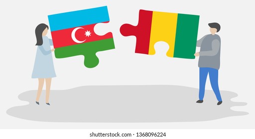 Couple holding two puzzles pieces with Azerbaijani and Guinean flags. Azerbaijan and Guinea national symbols together.