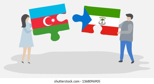 Couple holding two puzzles pieces with Azerbaijani and Equatorial Guinean flags. Azerbaijan and Equatorial Guinea national symbols together.