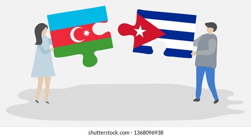 Couple holding two puzzles pieces with Azerbaijani and Cuban flags. Azerbaijan and Cuba national symbols together.