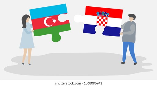 Couple holding two puzzles pieces with Azerbaijani and Croatian flags. Azerbaijan and Croatia national symbols together.