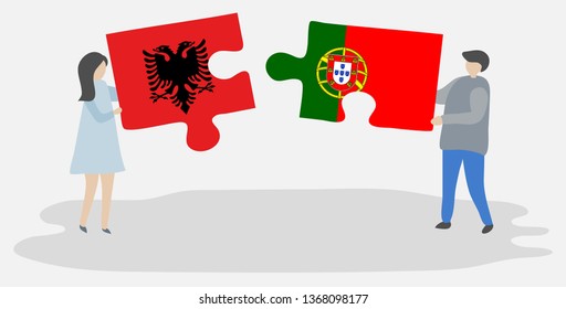 Couple holding two puzzles pieces with Albanian and Portuguese flags. Albania and Portugal national symbols together.