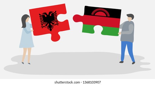 Couple holding two puzzles pieces with Albanian and Malawian flags. Albania and Malawi national symbols together.