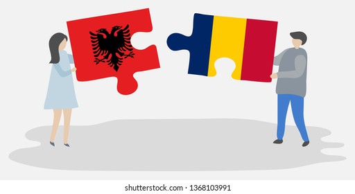 Couple holding two puzzles pieces with Albanian and Chadian flags. Albania and Chad national symbols together.