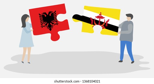 Couple holding two puzzles pieces with Albanian and Bruneian flags. Albania and Brunei national symbols together.